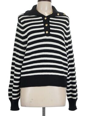 J. Crew Ribbed Cotton Button Collar Sweater Black White Stripe L Gold Buttons